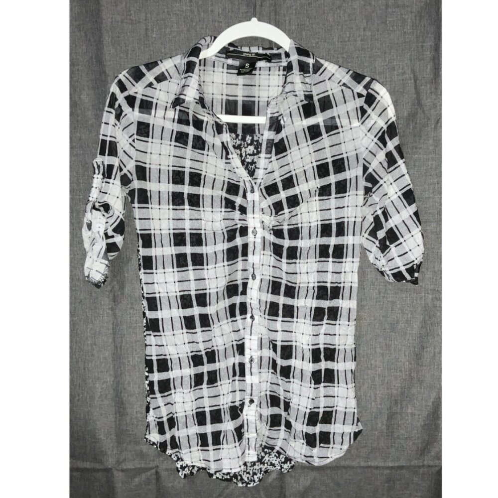 🎉Amang NY Plaid & Floral Mixed Media Button-Up - Small - Picture 3 of 4